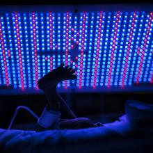 A newborn's tiny foot silhouetted against a phototherapy light grid